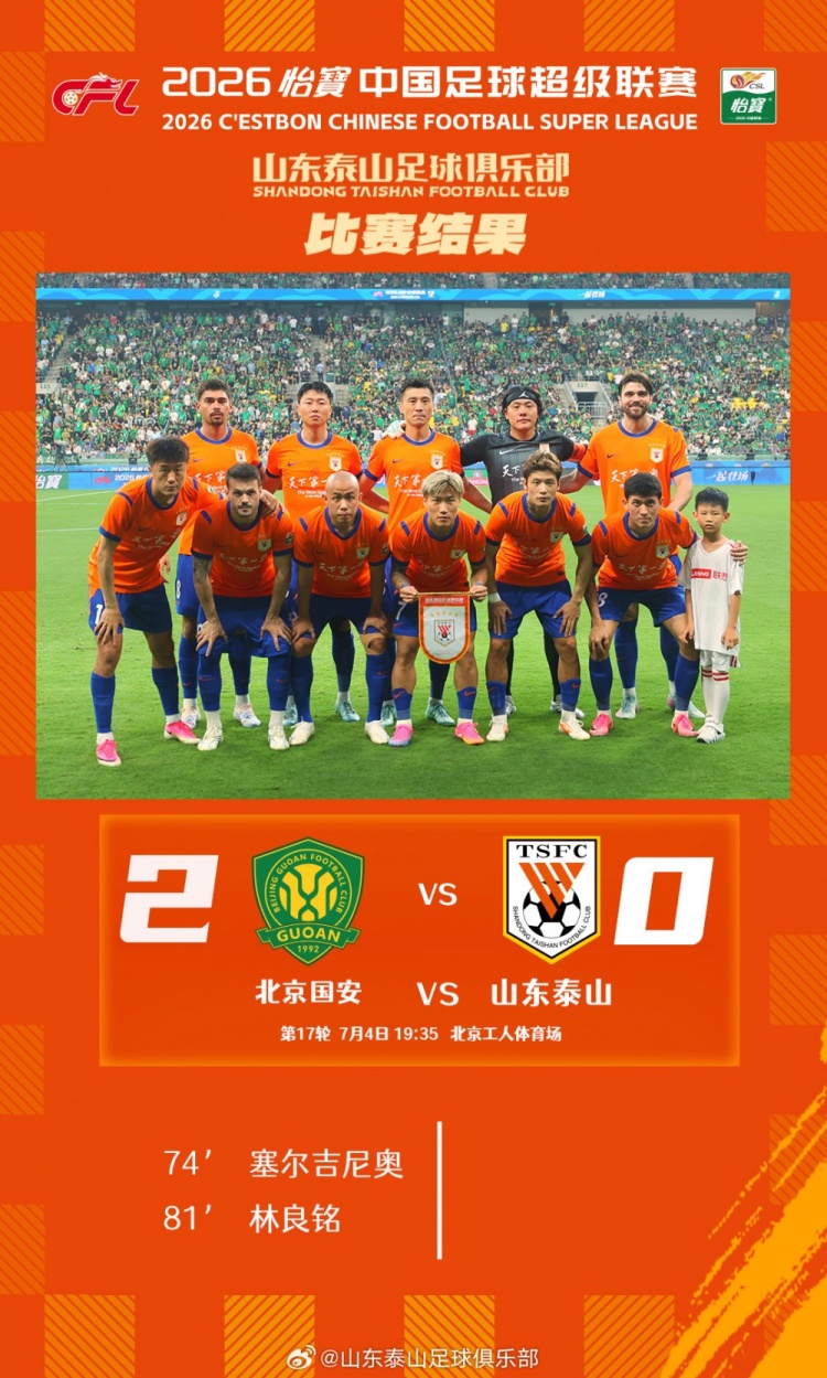 十人山东泰山客场0-2负于北京国安，少打一人全场被动
