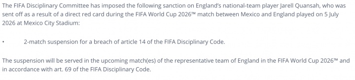 FIFA确认宽萨停赛两场 英足总上诉无门