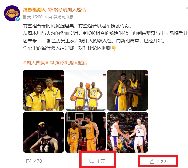 湖人官推晒队史六组双人组，詹眉组合落选